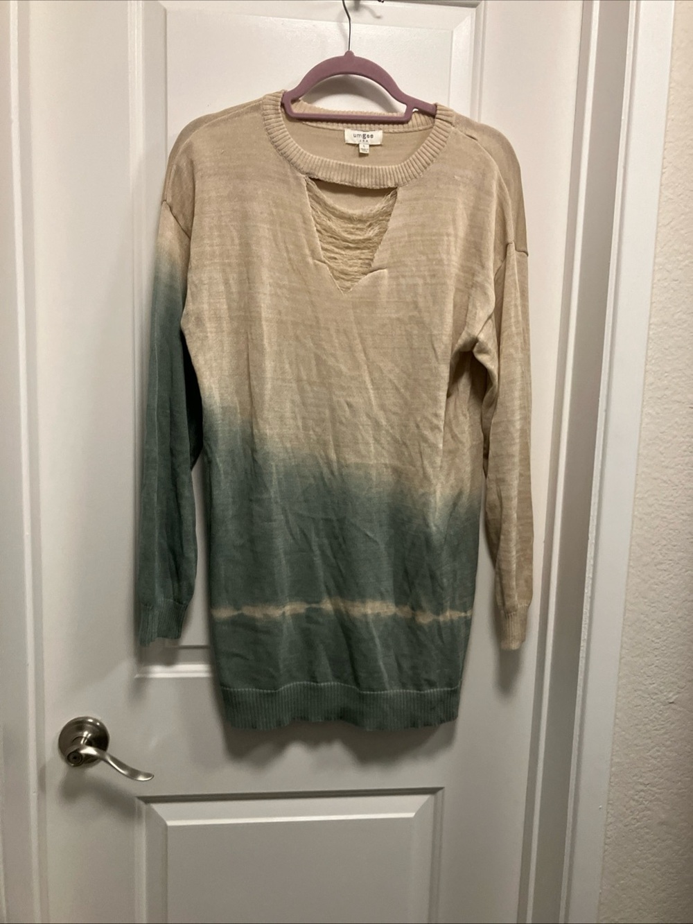 Umgee Boho Knit Long Sleeve Tunic Top Ombre Distressed Neckline Sz L